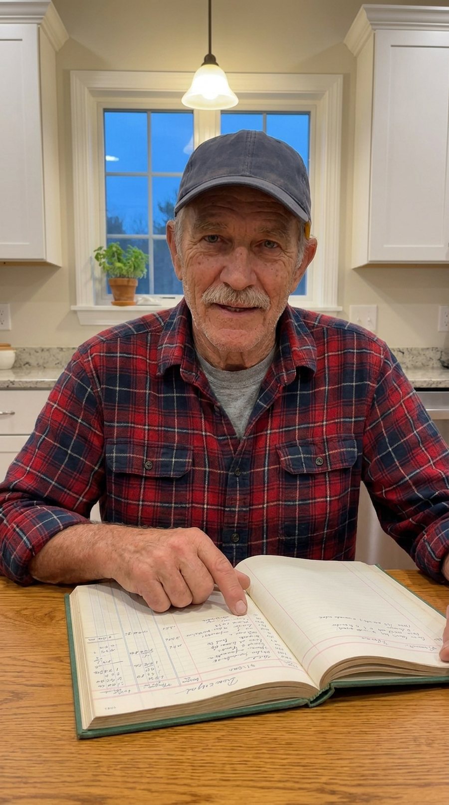 Frank in his flannel shirt and cap at the kitchen table with an open green ledger