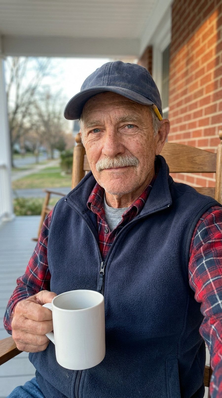 Frank on the front porch of a brick duplex with a white coffee mug